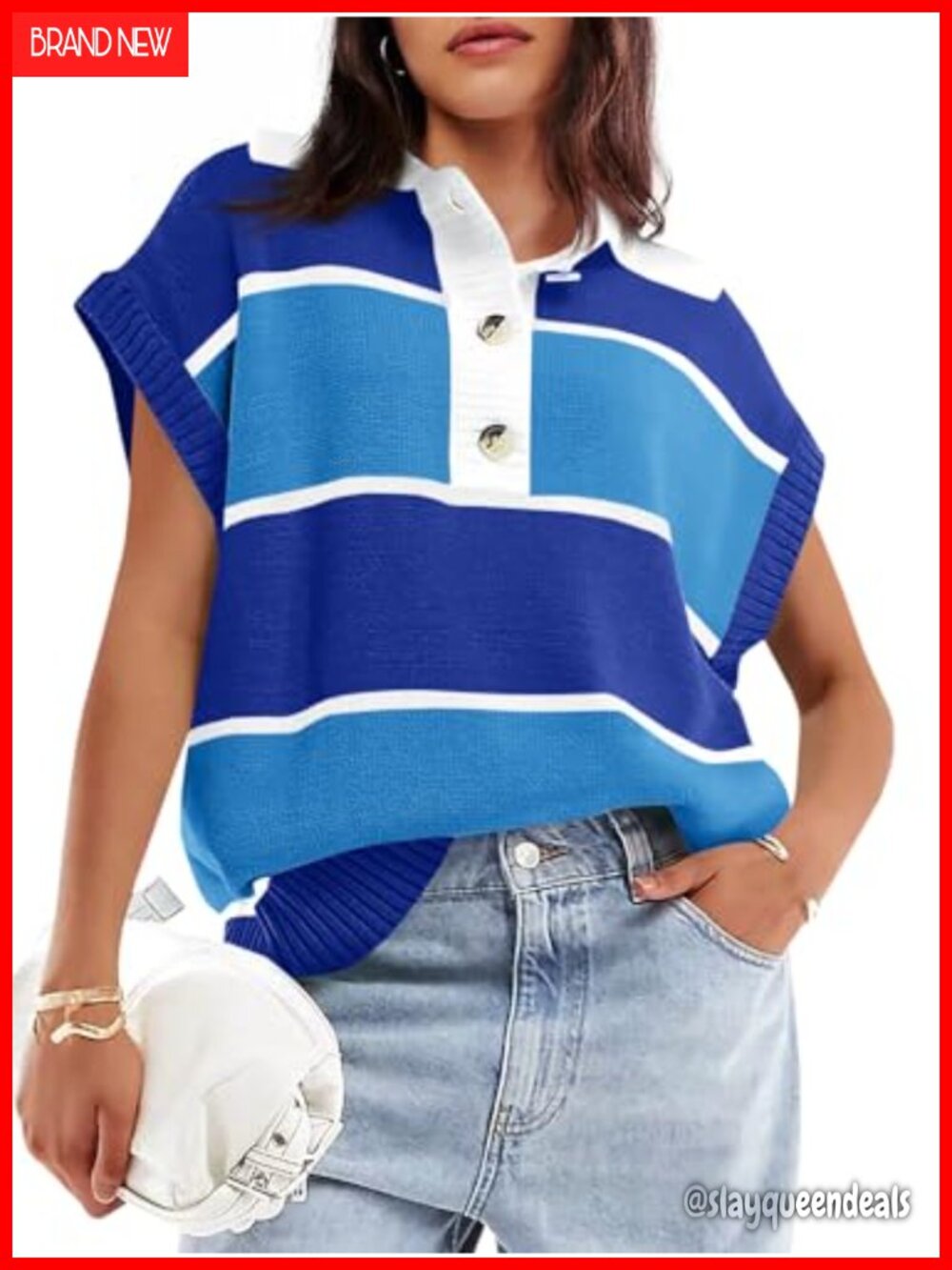 Women's V Neck Button Down Striped Short Sleeve Knit Sweater